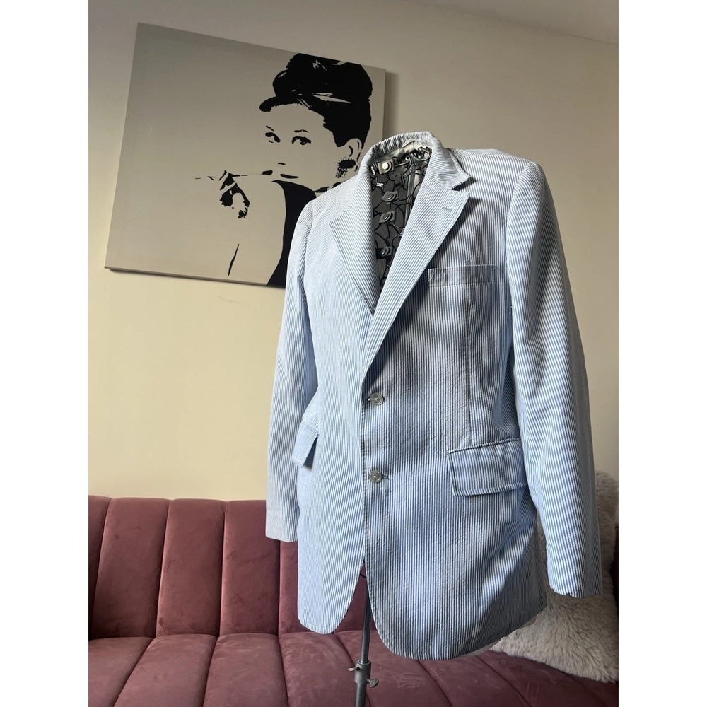 Vintage Larrimors Pittsburgh Blue White Seersucker Striped Blazer Sport Coat 60s
